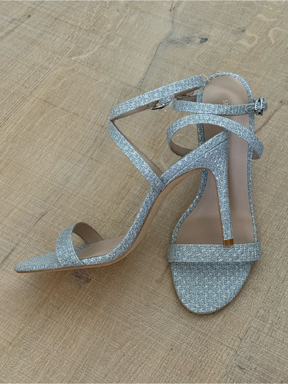 Stuart Weitzman Silver Glitter Strappy High Heel Sandals